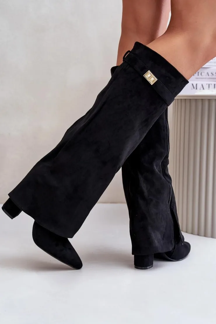 Damskie Boto Kozaki Eko Zamszowe Obcas Słupek Na Zamek Ocieplane Wywinięta Cholewka Beżowe Evyra