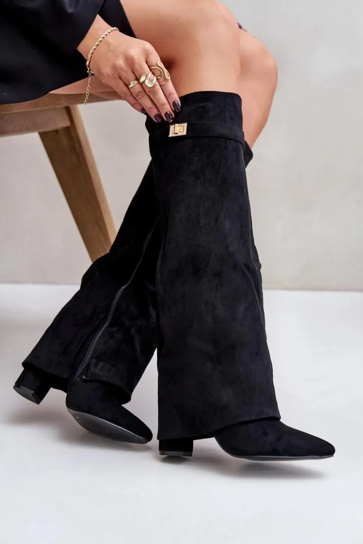 Damskie Boto Kozaki Eko Zamszowe Obcas Słupek Na Zamek Ocieplane Wywinięta Cholewka Beżowe Evyra