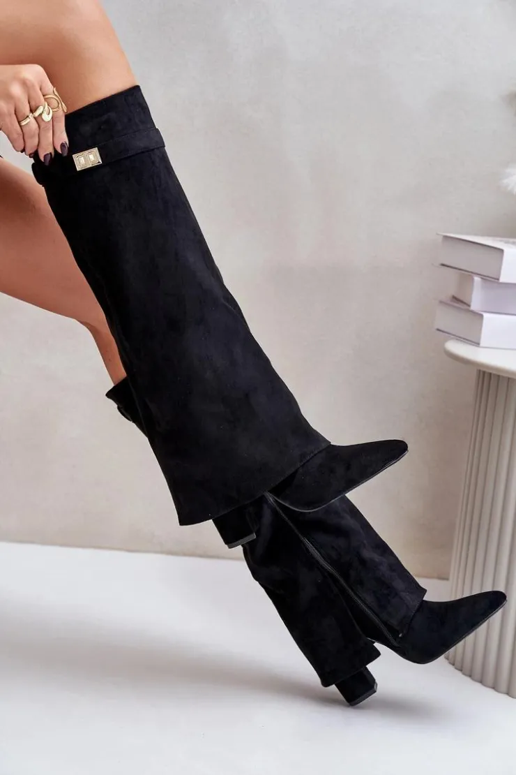 Damskie Boto Kozaki Eko Zamszowe Obcas Słupek Na Zamek Ocieplane Wywinięta Cholewka Beżowe Evyra