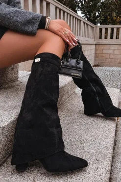 Damskie Boto Kozaki Eko Zamszowe Obcas Słupek Na Zamek Ocieplane Wywinięta Cholewka Beżowe Evyra