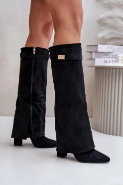 Damskie Boto Kozaki Eko Zamszowe Obcas Słupek Na Zamek Ocieplane Wywinięta Cholewka Beżowe Evyra