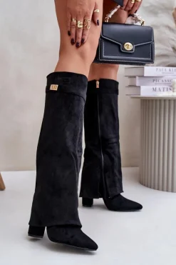 Damskie Boto Kozaki Eko Zamszowe Obcas Słupek Na Zamek Ocieplane Wywinięta Cholewka Beżowe Evyra