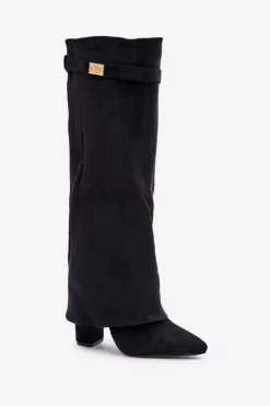 Damskie Boto Kozaki Eko Zamszowe Obcas Słupek Na Zamek Ocieplane Wywinięta Cholewka Beżowe Evyra