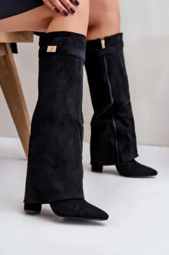 Damskie Boto Kozaki Eko Zamszowe Obcas Słupek Na Zamek Ocieplane Wywinięta Cholewka Beżowe Evyra