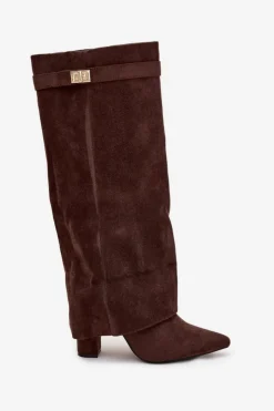 Damskie Boto Kozaki Eko Zamszowe Obcas Słupek Na Zamek Ocieplane Wywinięta Cholewka Czekoladowe Evyra