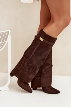 Damskie Boto Kozaki Eko Zamszowe Obcas Słupek Na Zamek Ocieplane Wywinięta Cholewka Czekoladowe Evyra