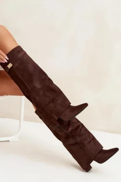 Damskie Boto Kozaki Eko Zamszowe Obcas Słupek Na Zamek Ocieplane Wywinięta Cholewka Czekoladowe Evyra