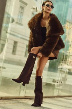 Damskie Boto Kozaki Eko Zamszowe Obcas Słupek Na Zamek Ocieplane Wywinięta Cholewka Czekoladowe Evyra