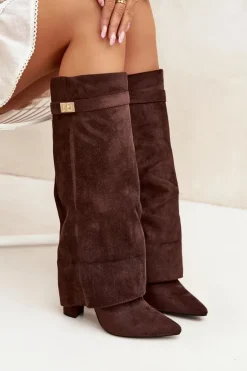 Damskie Boto Kozaki Eko Zamszowe Obcas Słupek Na Zamek Ocieplane Wywinięta Cholewka Czekoladowe Evyra