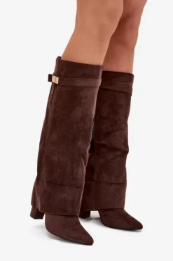 Damskie Boto Kozaki Eko Zamszowe Obcas Słupek Na Zamek Ocieplane Wywinięta Cholewka Czekoladowe Evyra