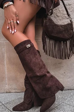 Damskie Boto Kozaki Eko Zamszowe Obcas Słupek Na Zamek Ocieplane Wywinięta Cholewka Czekoladowe Evyra