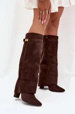 Damskie Boto Kozaki Eko Zamszowe Obcas Słupek Na Zamek Ocieplane Wywinięta Cholewka Czekoladowe Evyra