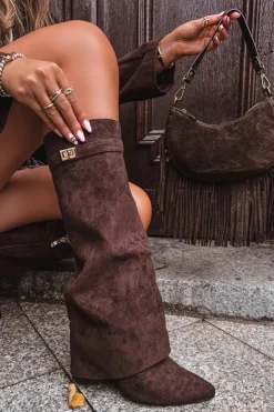 Damskie Boto Kozaki Eko Zamszowe Obcas Słupek Na Zamek Ocieplane Wywinięta Cholewka Czekoladowe Evyra