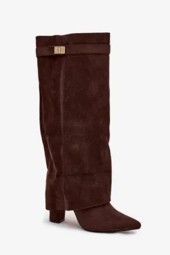 Damskie Boto Kozaki Eko Zamszowe Obcas Słupek Na Zamek Ocieplane Wywinięta Cholewka Czekoladowe Evyra