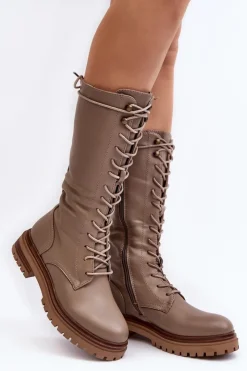 Boto Kozaki Wiosenne|Kozaki Płaskie*Kozaki Glany Damskie Do Połowy Łydki Sznurowane Beżowe Elavettsa