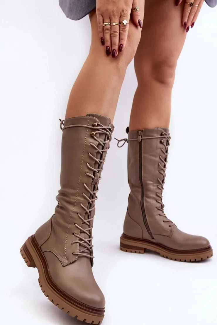 Boto Kozaki Wiosenne|Kozaki Płaskie*Kozaki Glany Damskie Do Połowy Łydki Sznurowane Beżowe Elavettsa