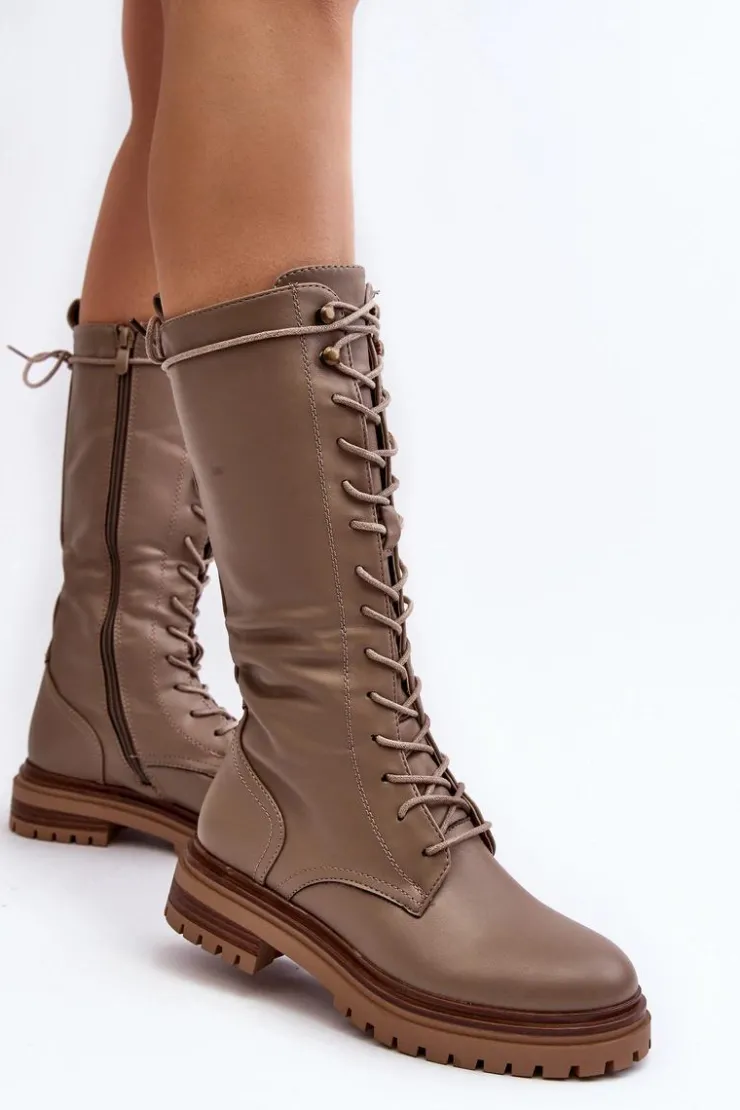 Boto Kozaki Wiosenne|Kozaki Płaskie*Kozaki Glany Damskie Do Połowy Łydki Sznurowane Beżowe Elavettsa