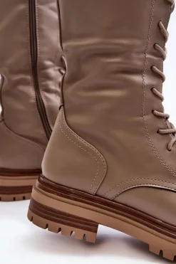 Boto Kozaki Wiosenne|Kozaki Płaskie*Kozaki Glany Damskie Do Połowy Łydki Sznurowane Beżowe Elavettsa