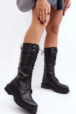 Damskie Boto Kozaki Glany Damskie Do Połowy Łydki Sznurowane Czarne Elavettsa