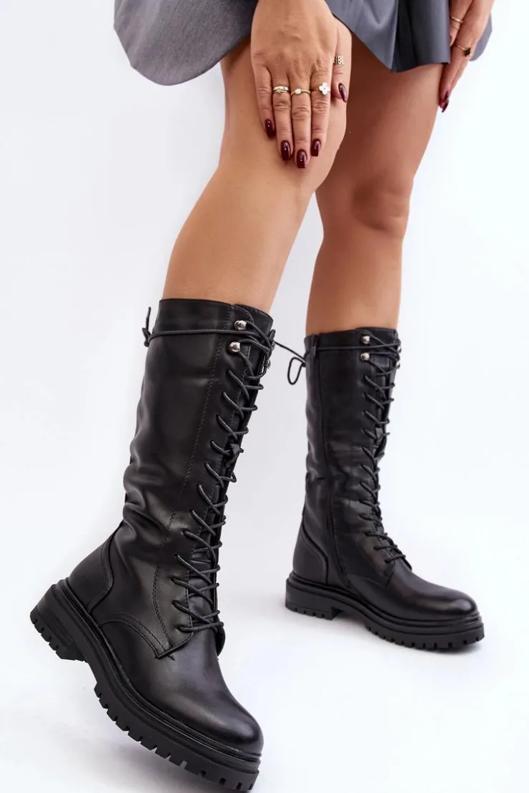 Damskie Boto Kozaki Glany Damskie Do Połowy Łydki Sznurowane Czarne Elavettsa