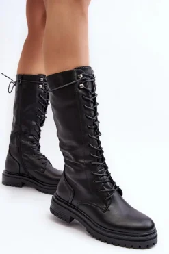 Damskie Boto Kozaki Glany Damskie Do Połowy Łydki Sznurowane Czarne Elavettsa