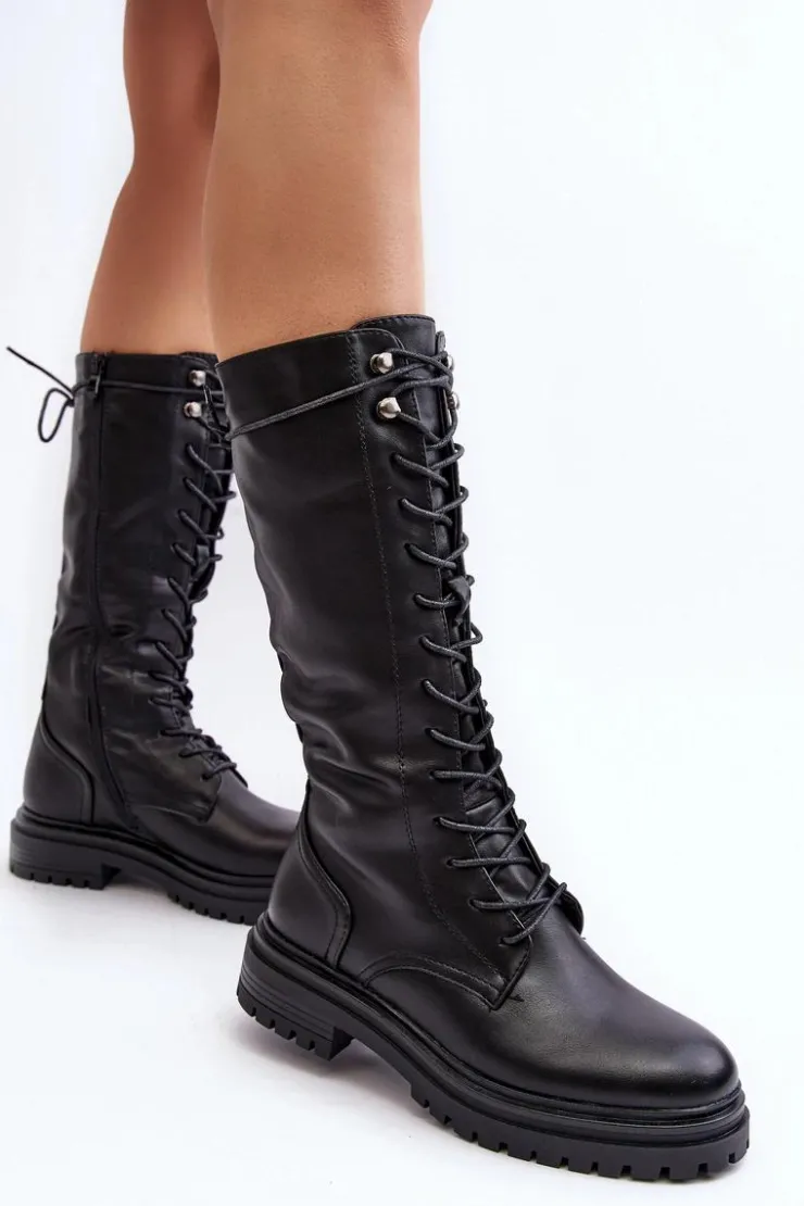Damskie Boto Kozaki Glany Damskie Do Połowy Łydki Sznurowane Czarne Elavettsa