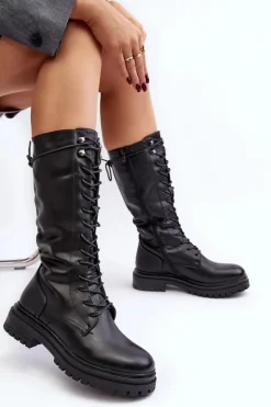 Damskie Boto Kozaki Glany Damskie Do Połowy Łydki Sznurowane Czarne Elavettsa