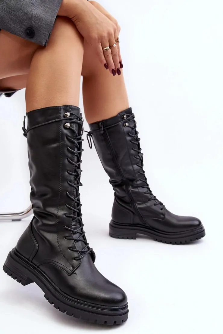 Damskie Boto Kozaki Glany Damskie Do Połowy Łydki Sznurowane Czarne Elavettsa