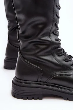 Damskie Boto Kozaki Glany Damskie Do Połowy Łydki Sznurowane Czarne Elavettsa