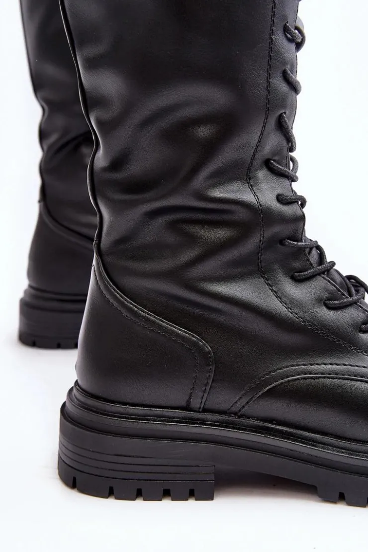 Damskie Boto Kozaki Glany Damskie Do Połowy Łydki Sznurowane Czarne Elavettsa