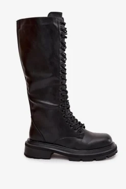 Damskie Boto Kozaki Glany Damskie Ocieplane Eko Skórzane Czarne Selvina