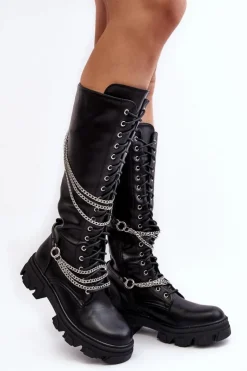 New Boto Kozaki Glany Damskie Z Łańcuchami Czarne Lannera