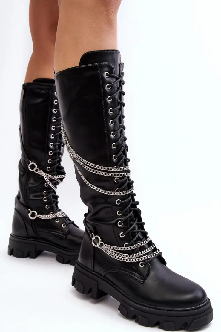 New Boto Kozaki Glany Damskie Z Łańcuchami Czarne Lannera