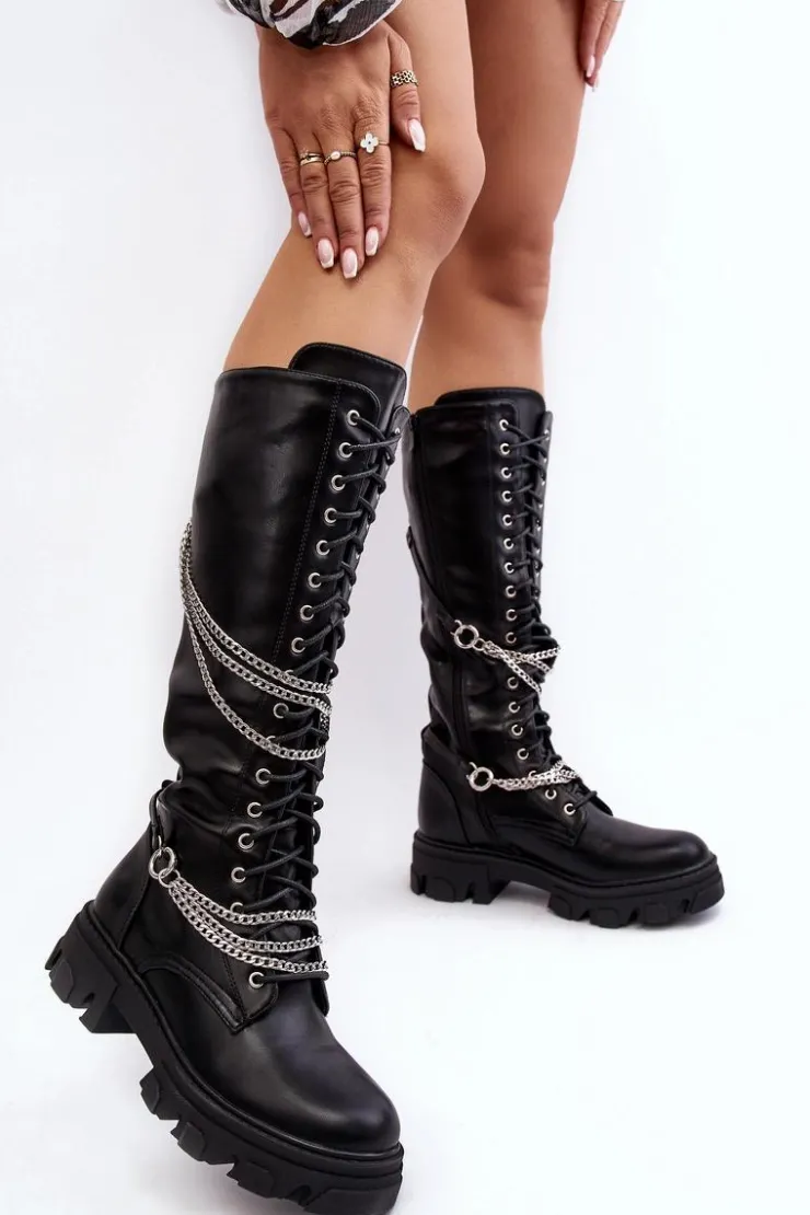 New Boto Kozaki Glany Damskie Z Łańcuchami Czarne Lannera