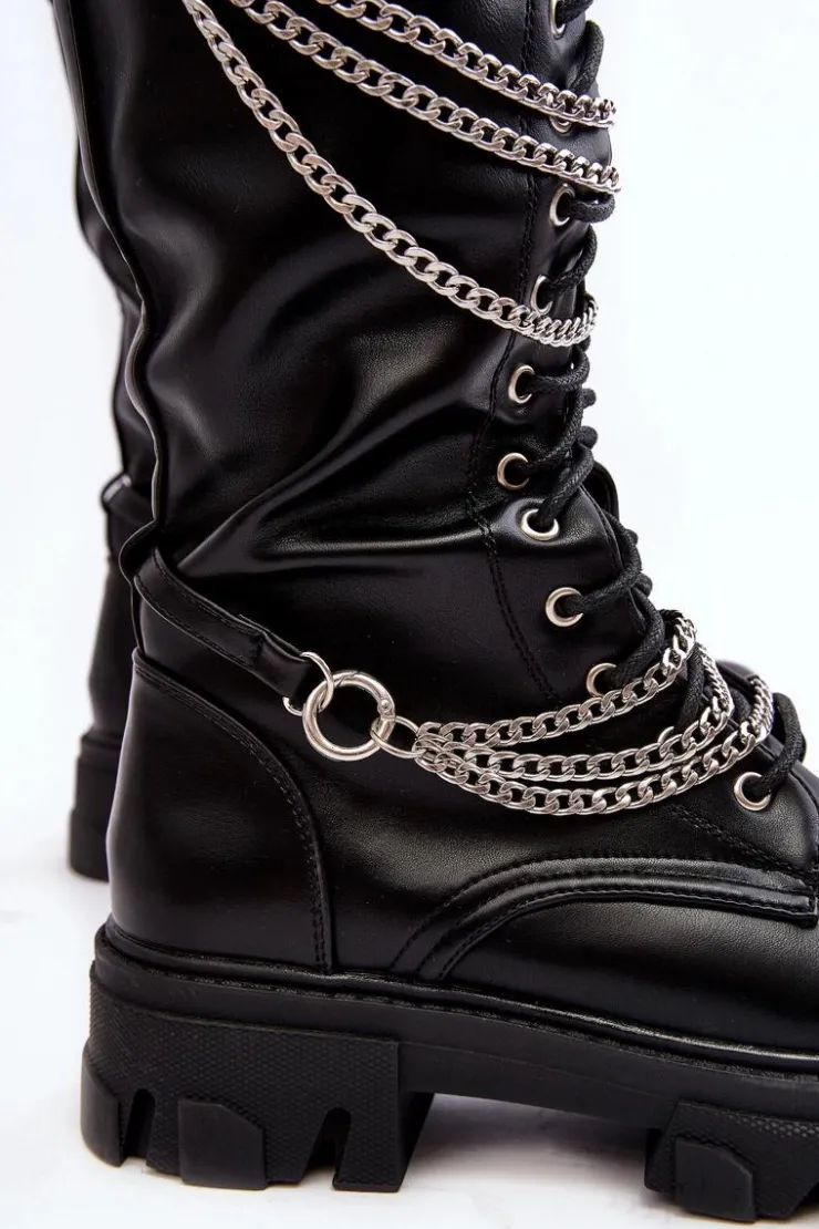 New Boto Kozaki Glany Damskie Z Łańcuchami Czarne Lannera