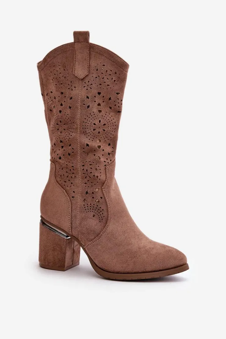 Damskie buty S.Barski Kozaki Ażurowe|Kozaki Przed Kolano*Kozaki Kowbojki Damskie Ażurowe Na Obcasie Słupku Eko Zamszowe Brązowe S.Barski HY42-028
