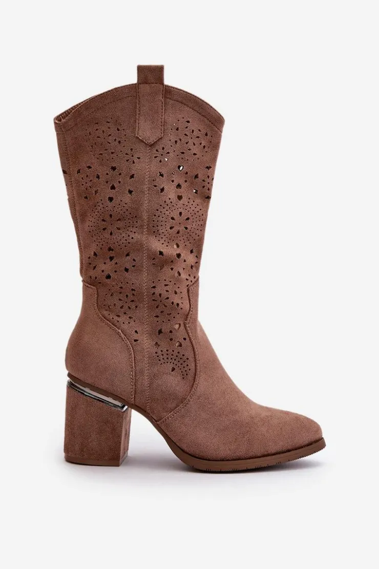 Damskie buty S.Barski Kozaki Ażurowe|Kozaki Przed Kolano*Kozaki Kowbojki Damskie Ażurowe Na Obcasie Słupku Eko Zamszowe Brązowe S.Barski HY42-028
