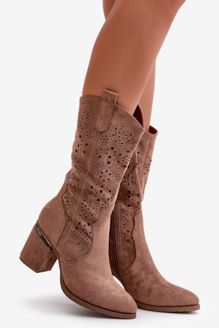 Damskie buty S.Barski Kozaki Ażurowe|Kozaki Przed Kolano*Kozaki Kowbojki Damskie Ażurowe Na Obcasie Słupku Eko Zamszowe Brązowe S.Barski HY42-028