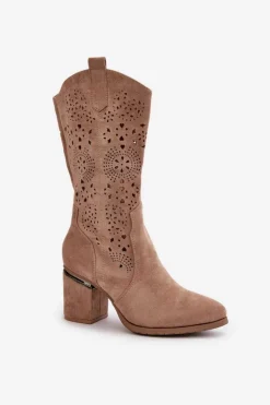 Sale Damskie buty S.Barski Kozaki Kowbojki Damskie Ażurowe Na Obcasie Słupku Eko Zamszowe Beżowe S.Barski HY42-028