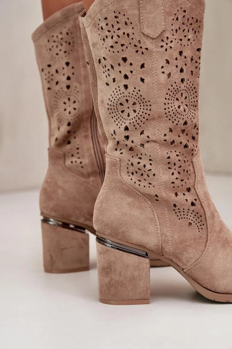 Sale Damskie buty S.Barski Kozaki Kowbojki Damskie Ażurowe Na Obcasie Słupku Eko Zamszowe Beżowe S.Barski HY42-028