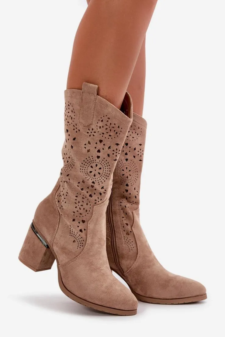 Sale Damskie buty S.Barski Kozaki Kowbojki Damskie Ażurowe Na Obcasie Słupku Eko Zamszowe Beżowe S.Barski HY42-028