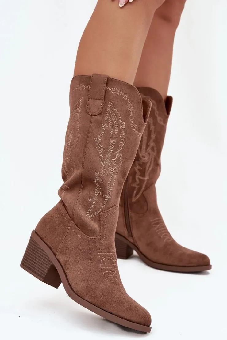 Damskie Buty damskie Vinceza Kozaki Kowbojki Damskie Na Obcasie Ocieplane Vinceza 16508 Ciemnobeżowe