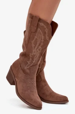 Damskie Buty damskie Vinceza Kozaki Kowbojki Damskie Na Obcasie Ocieplane Vinceza 16508 Ciemnobeżowe