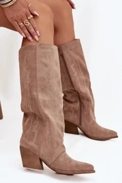 Outlet Boto Kozaki Kowbojki Damskie Na Zamek Beżowe Isalina