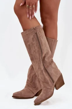 Outlet Boto Kozaki Kowbojki Damskie Na Zamek Beżowe Isalina