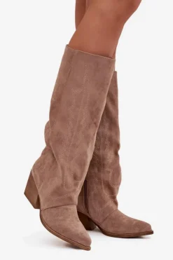 Outlet Boto Kozaki Kowbojki Damskie Na Zamek Beżowe Isalina