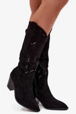 Boto Kozaki Przed Kolano|Kozaki Na Obcasie*Kozaki Kowbojki Damskie Na Słupku Z Eko Zamszu Czarne Coretta Czarny