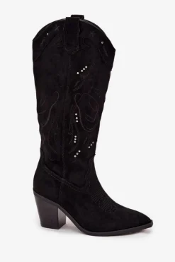 Boto Kozaki Przed Kolano|Kozaki Na Obcasie*Kozaki Kowbojki Damskie Na Słupku Z Eko Zamszu Czarne Coretta Czarny