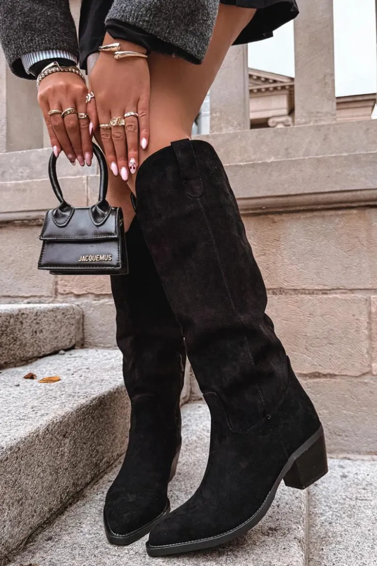 Online Boto Kozaki Kowbojki Damskie Na Obcasie Z Eko Zamszu Czarne Esmira