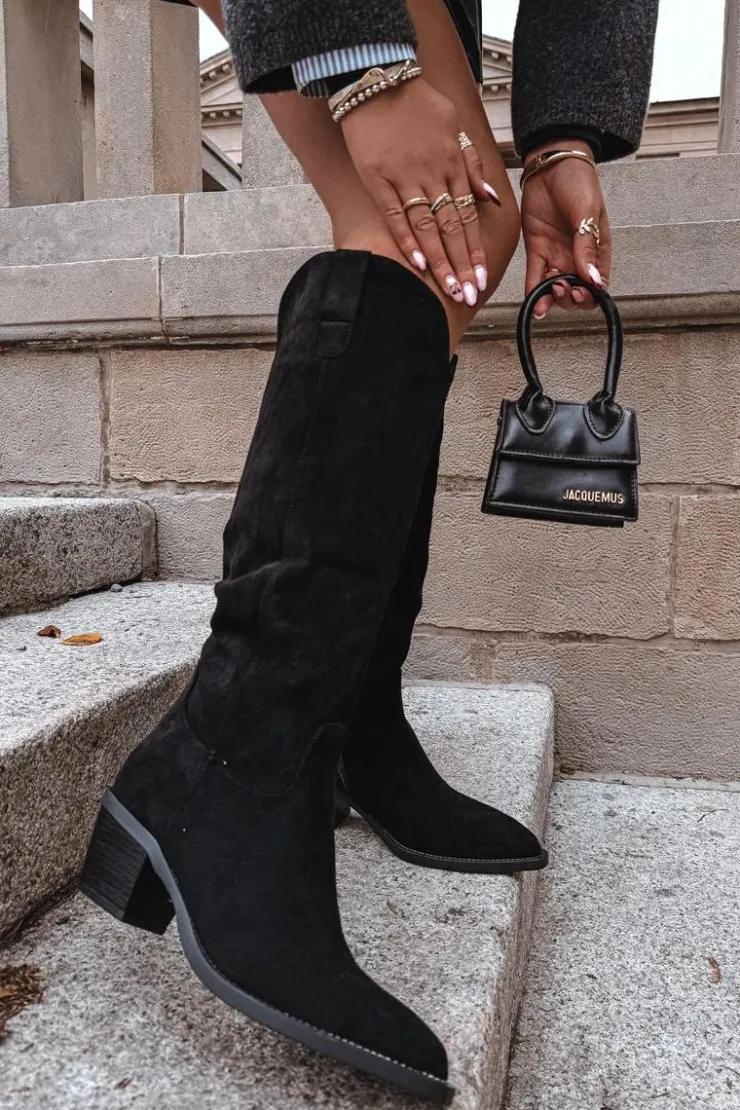 Online Boto Kozaki Kowbojki Damskie Na Obcasie Z Eko Zamszu Czarne Esmira